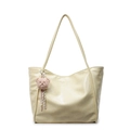 Minimalist beige oil wax leather tote bag with a cute pink teddy bear pendant - Yellow