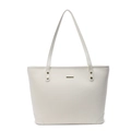 Minimalistische beige gewebte Tote Bag mit Rautenmuster und goldenem Marken-Detail - Gebrochenes Weiß