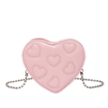Pink heart shaped mini crossbody bag with quilted embroidery and silver ball chain strap - Pink