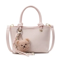 Pink woven texture bucket bag with round handles and a cute plush bear charm - Pink With Bear Charm