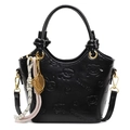 Black embossed bucket bag with cute 3D animal patterns and golden tennis racket charm - With Abacus Racket Knot Pendant / Black