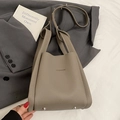 Deep khaki lychee grain leather handbag with fashion logo and silver metal bottom studs - No Pendant / Gray