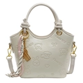 Chic beige embossed bucket bag with cute motifs and adjustable shoulder strap for women - With Abacus Racket Knot Pendant / Off White