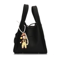 Chic black litchi pattern bucket handbag with a cute doll pearl charm for women - Yellow Girl Pendant / Black