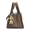 Dark brown lychee pattern tote bag with FASHION text and cartoon pendant accessory - Yellow Girl Pendant / Gray