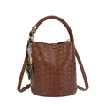 Braune geflochtene Eimertasche mit Ledergriff und dekorativem floralem Seidenschal - Khaki