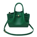 Detail view of emerald green litchi grain leather bag with gold buckle and gathered top - Green