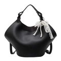 Elegant black lychee grain handbag with white lace bow and faux pearl pendants - Lace Pearl Bow / Black