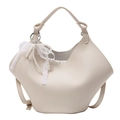Chic beige lychee grain handbag with pearl lace bow charm and drawstring pouch - Lace Pearl Bow / Off White