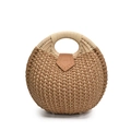 Schicke runde Strohhandtasche in Naturgeflecht mit brauner Lederschnalle und Rundgriffen - Khaki