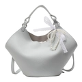 Light gray lychee pattern handbag with pearl chain and lace bow on white background - Lace Pearl Bow / Blue