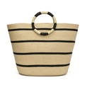 Beige gewebte Stroh-Strandtasche mit schwarzen Streifen und runden Handgriffen - Gebrochenes Weiß