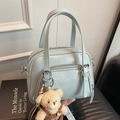 Light blue oil wax leather pillow bag with cute teddy bear charm for women - Blue With Bear Charm