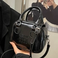 Glossy black bowling handbag with MEIME JUST GOOD embossed logo and silver hardware - Black - Without Pendant