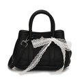 Sac seau chic en cuir noir avec nœud en dentelle blanche et bandoulière réglable - Noir-Petit