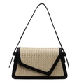 Chic woven shoulder bag with black leather trim and geometric flap design for women - Black