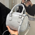 Chic light blue bowling bag with embossed lettering and adjustable shoulder strap - Blue - Without Pendant
