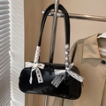 Elegant black glossy shoulder bag with lace bows and checkered ribbon detail - No Pendant / Black