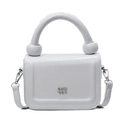 Petit sac carré bleu-gris clair avec poignée anneau argentée et logo métallique - Bleu