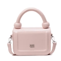 Minimalist light pink PU leather crossbody bag with round handle and metal brand logo - Pink