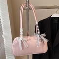 Pink patent leather underarm bag with delicate lace bow and twin zip closure - No Pendant / Pink