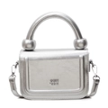 Minimalist silver metallic textured handbag with circular handle and detachable strap - Silver