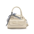 Borsa Boston in pelle PU bianco crema con tasca a fiocco e nastro a quadri decorativo - Bianco Sporco