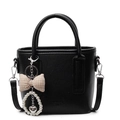 Elegante schwarze Eimer Tasche mit Litschimuster, Perlenanhänger und Trageriemen - Karomuster-Schleifen-Anhänger / Schwarz