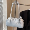 Light blue minimalist shoulder bag with white lace strap and checkered bow detail - No Pendant / Blue