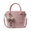 Rosafarbene Eimertasche mit Litschi-Maserung, Perlenanhänger und karierter Schleife - Karomuster-Schleifen-Anhänger / Rosa