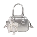 Sac à main bowling argenté métallisé avec gaufrage et breloque en perles et dentelle - Argent Avec Nœud Perle Dentelle