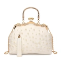 Borsa da sera in perle avorio con ricami, manico dorato diamantato e nappe - Bianco