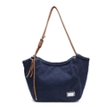 Donkerblauwe denim draagtas met bruine geweven touwriemen en metalen plaatdetail - Donkerblauw