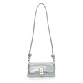 Light gray patent leather baguette bag with gold metal lock and knotted shoulder strap - Blue