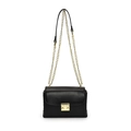 Classic black leather chain square bag with gold metal buckle and leather shoulder pad - Black