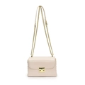 Elegant beige square crossbody bag with gold chain strap and metallic push-lock closure - White