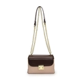 Contrast color chain bag with coffee brown flap and beige crossbody leather strap - Brown