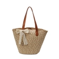 Bolso de paja de estilo francés con tejido bicolor y un lazo de encaje blanco - Caqui