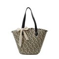 Bolso tote de paja de estilo francés con patrón ondulado y lazo de encaje blanco - Negro