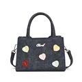 Blue denim crossbody bag with colorful heart patches and a top handle for women - Blue
