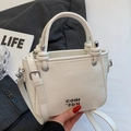 Minimalist white vintage oil wax leather bucket bag with silver metal logo and handle - Off-white - No Pendant
