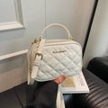 Minimalist white quilted square handbag with gold logo and adjustable shoulder strap - White