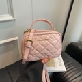 Pink quilted patent leather crossbody bag with golden logo and top handle detail - Pink