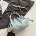 Chic light blue pleated bucket bag in smooth vegan leather with drawstring and crossbody strap - Blue - Without Pendant