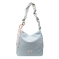 Light blue fabric tote bag featuring unique ruffled shoulder straps and pink drawstring detail - Blue