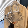 Silver-grey Boston bag with leather bows and metallic heart charm pendant for women - With Pendant / Blue
