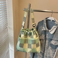 Borsa tote a scacchi verde e giallo con coulisse e tracolla regolabile per donna - Quadretti Verde (Senza Ciondolo)