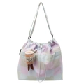 Borsa tote a righe rosa e blu con chiusura a coulisse e simpatico ciondolo a tazzina - Quadretti Rosa (Con Ciondolo)
