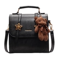 British style black faux leather crossbody bag with star metal buckle and bear charm - Dark Brown