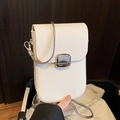Minimalist white litchi pattern mobile phone crossbody bag with silver chain strap - No Pendant / White